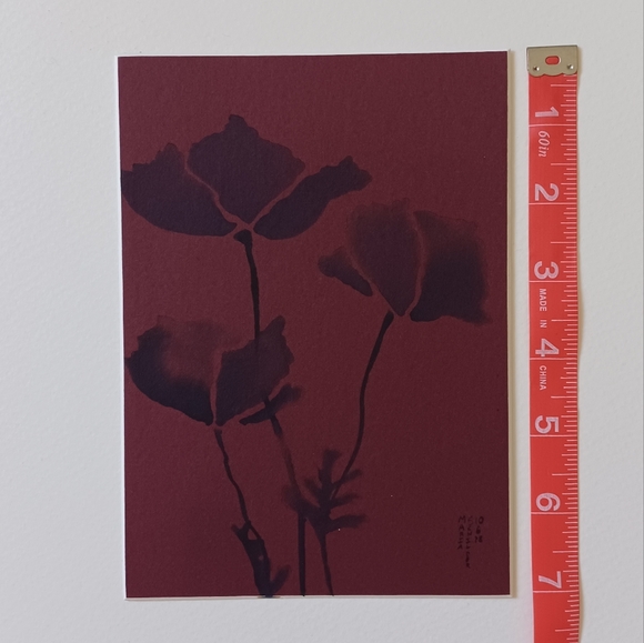 ORIGINAL ART Ink Poppies on Maroon Mat Board. 5"x7" Moody, Whimsical, Subtle - Picture 6 of 7